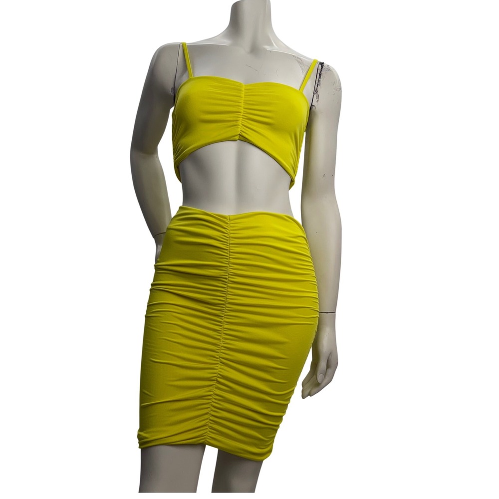 3 Pc Body Con Bundle - Black Mini Skirt  Neon Yellow Top Skirt Festival Rave S